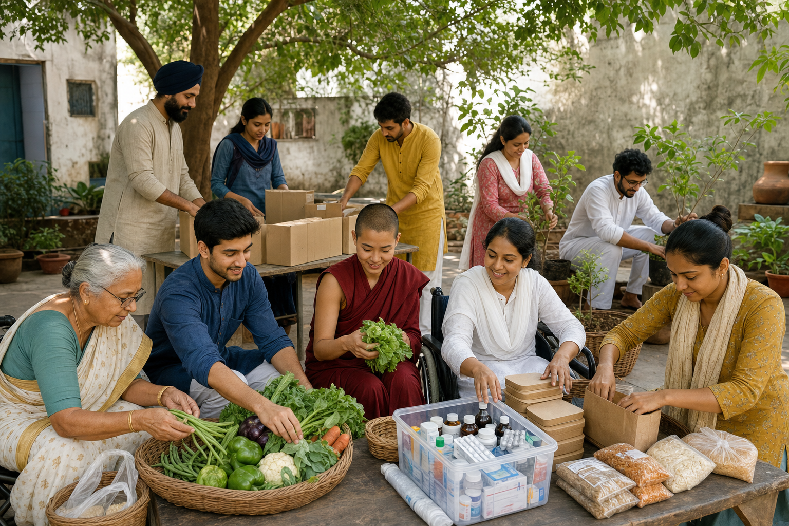 Volunteers from several Dharmic communities sort food, medical supplies, and tree saplings together in an Indian neighborhood courtyard.