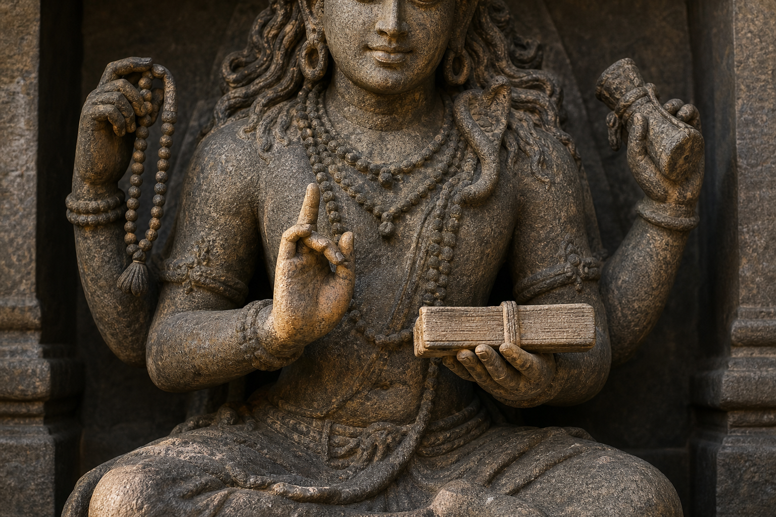 Close view of Medha Dakshinamurti's teaching gesture, rosary, and palm-leaf manuscript in a carved stone image.