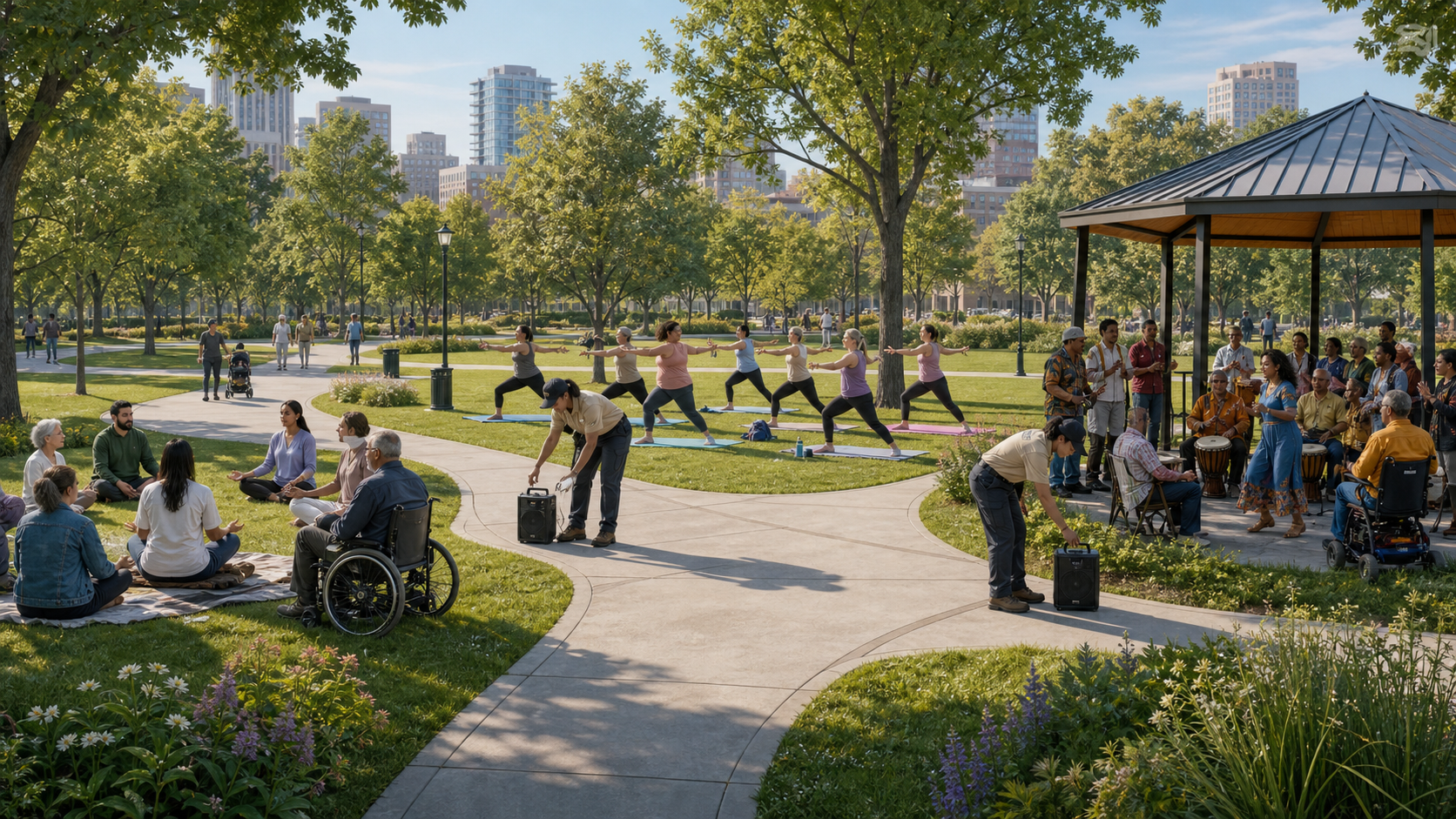 Park staff check access and sound conditions consistently at a worship circle, a fitness class, and a cultural gathering.