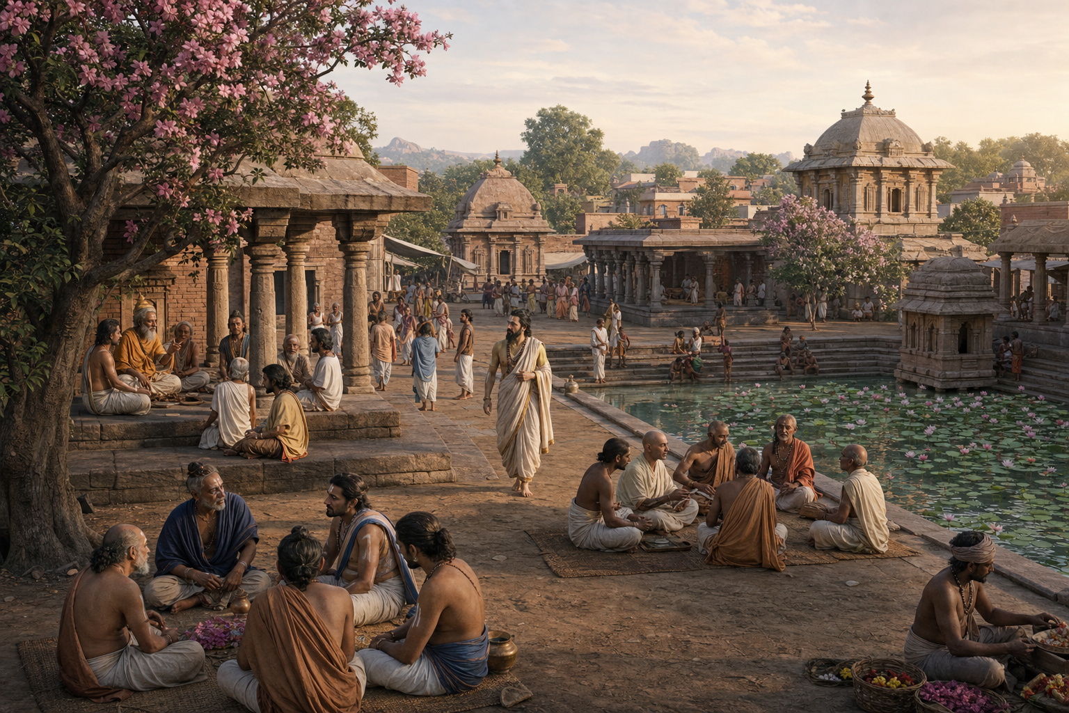 An imagined panoramic view of Pallava-era Kanchipuram with shrines, teaching courtyards, a temple tank, pilgrims, scholars, ascetics, and Thirumazhisai Alvar walking through the city.