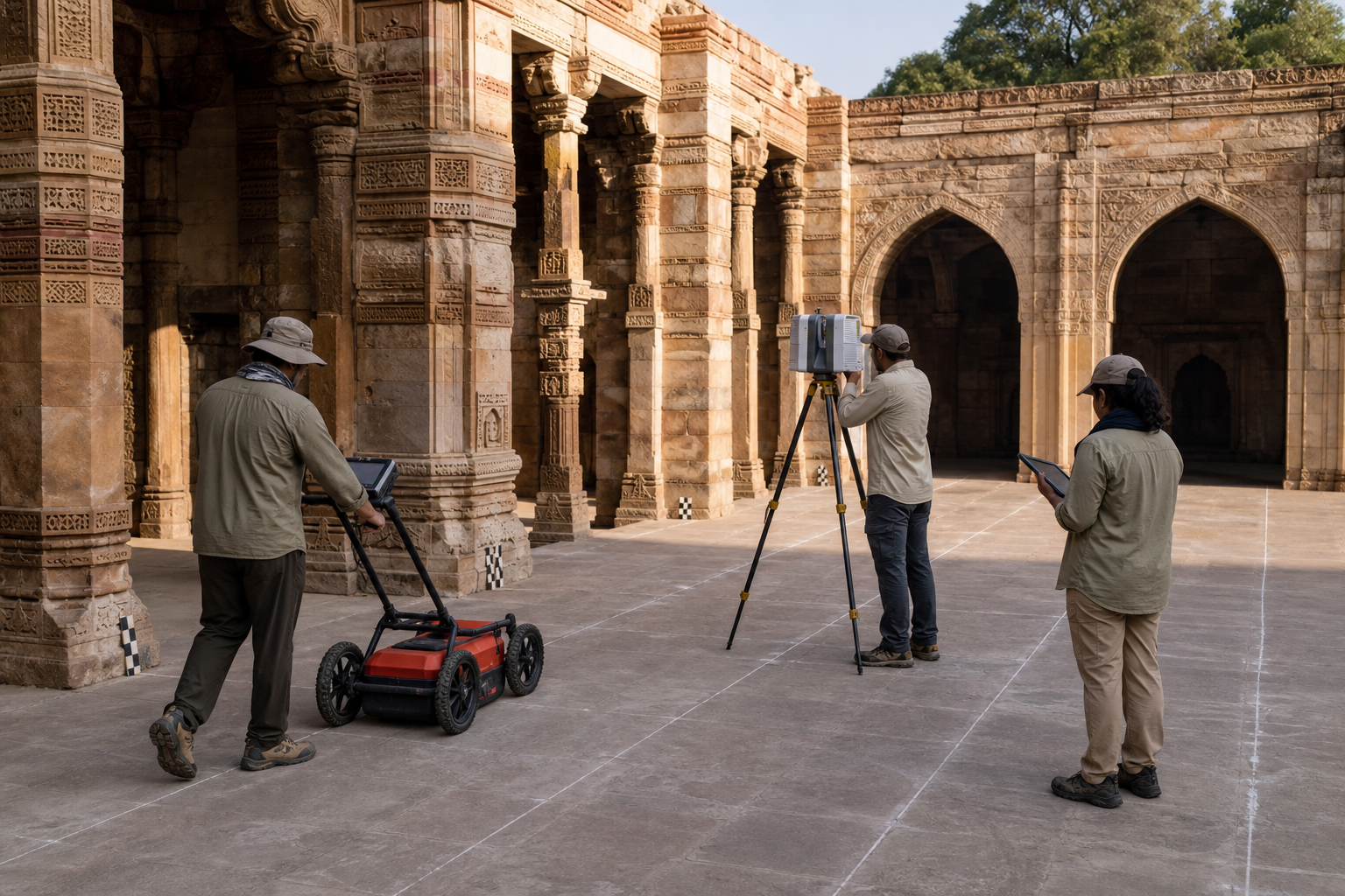 Archaeologists use ground-penetrating radar and a laser scanner to survey the courtyard and masonry of Adhai Din Ka Jhonpra.
