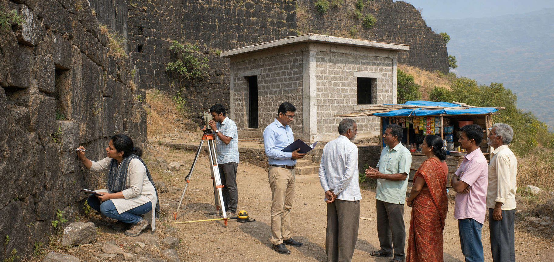 A multidisciplinary team inspects historic masonry and nearby structures while residents participate in the site visit.