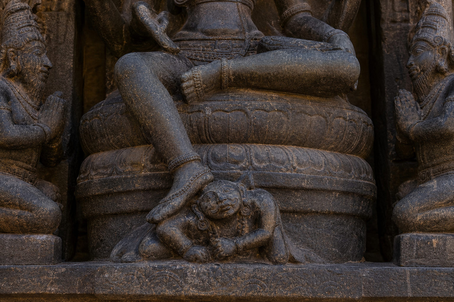 Detail of Medha Dakshinamurti's foot governing the crouching figure of Apasmara beneath the teaching seat.