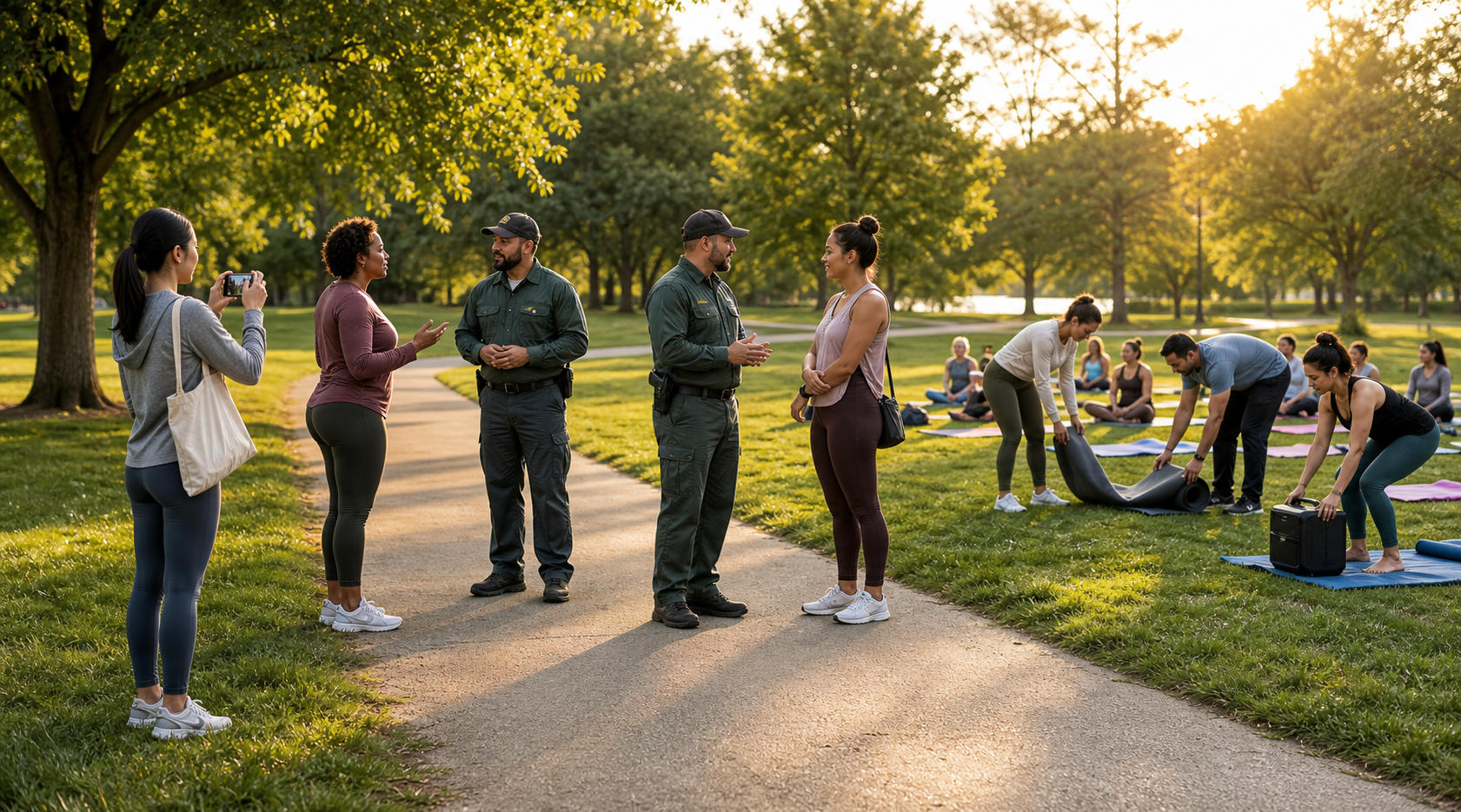 A park user, municipal official, and gathering organizer cooperate to move equipment and reopen a crowded pathway.