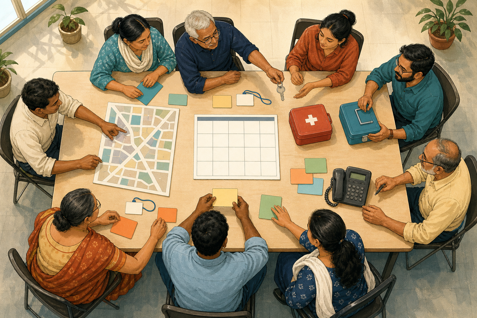 Community representatives assign responsibilities around a table holding blank planning cards, keys, supplies, a cash box, and an unlabeled neighborhood map.