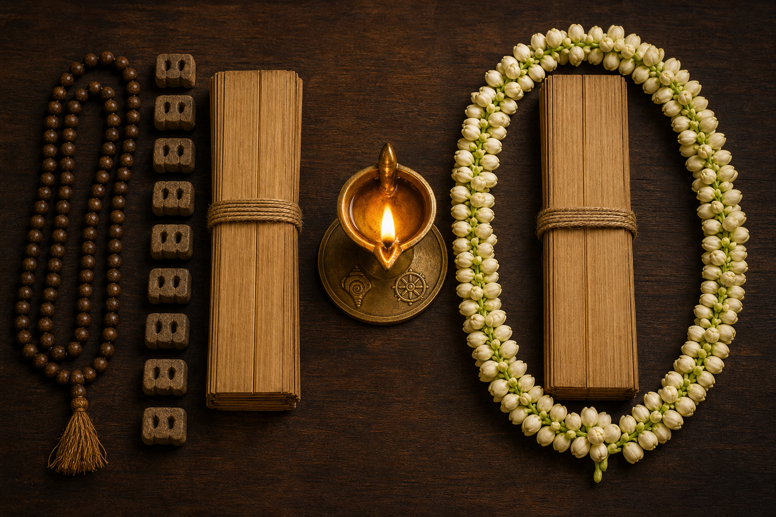 Two uninscribed palm-leaf manuscript bundles lie beside counting beads and a looping jasmine garland, with a bronze oil lamp between them.