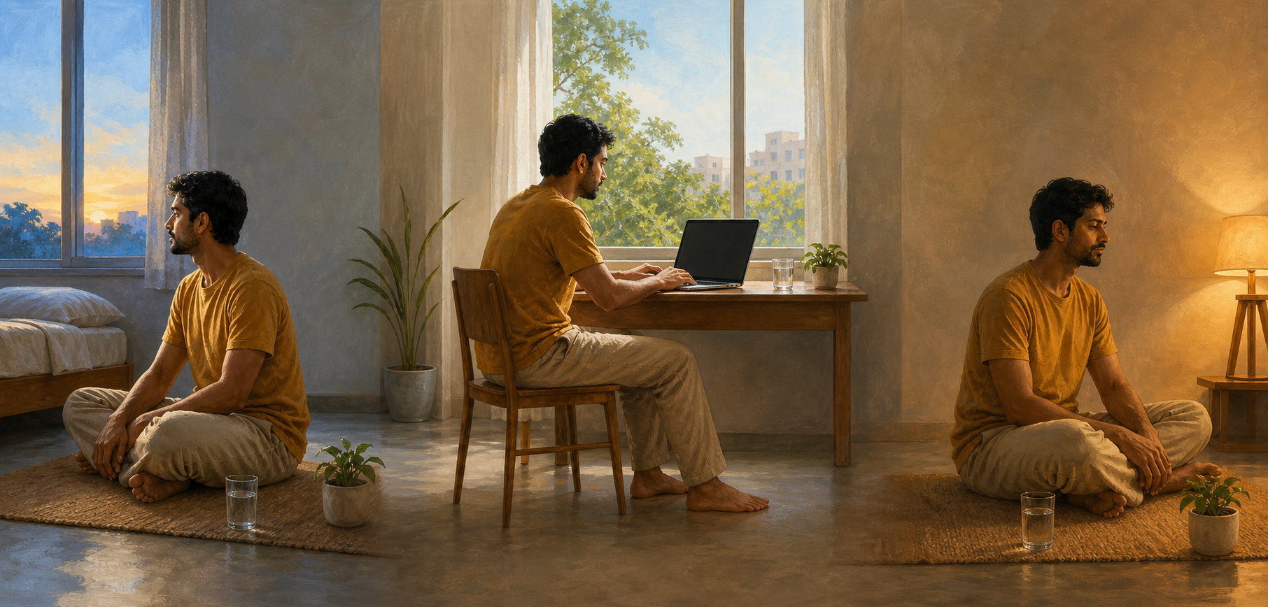 A three-part illustration shows a South Asian adult practicing quietly at dawn, working at a desk during the day, and returning to the floor mat in the evening.