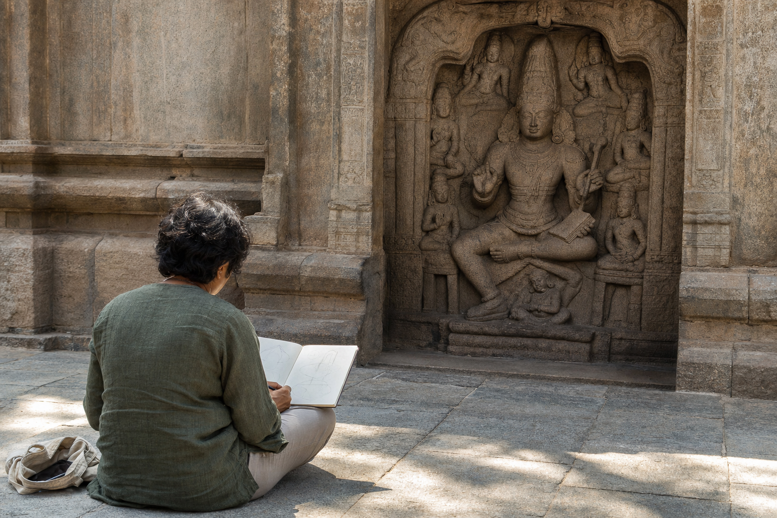 A temple visitor quietly studies the complete Medha Dakshinamurti sculpture and makes nonverbal sketches in a notebook.