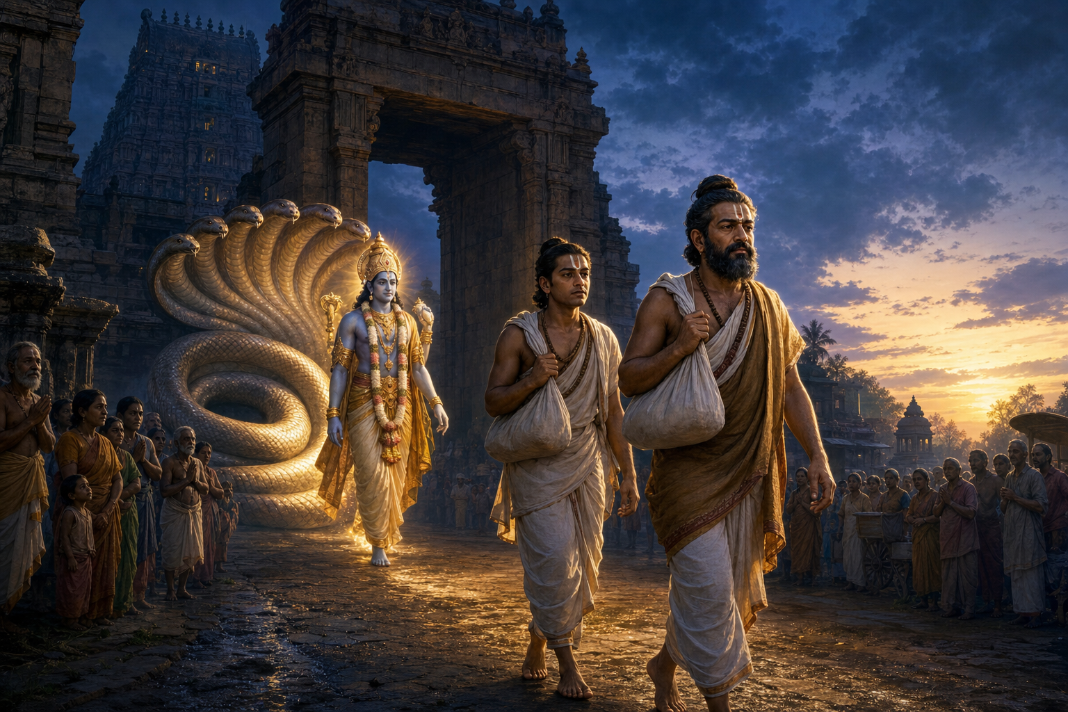 An artistic depiction of Thirumazhisai Alvar and Kanikannan leaving Kanchipuram as the radiant figure of Perumal and the coiling serpent Adisesha follow them.