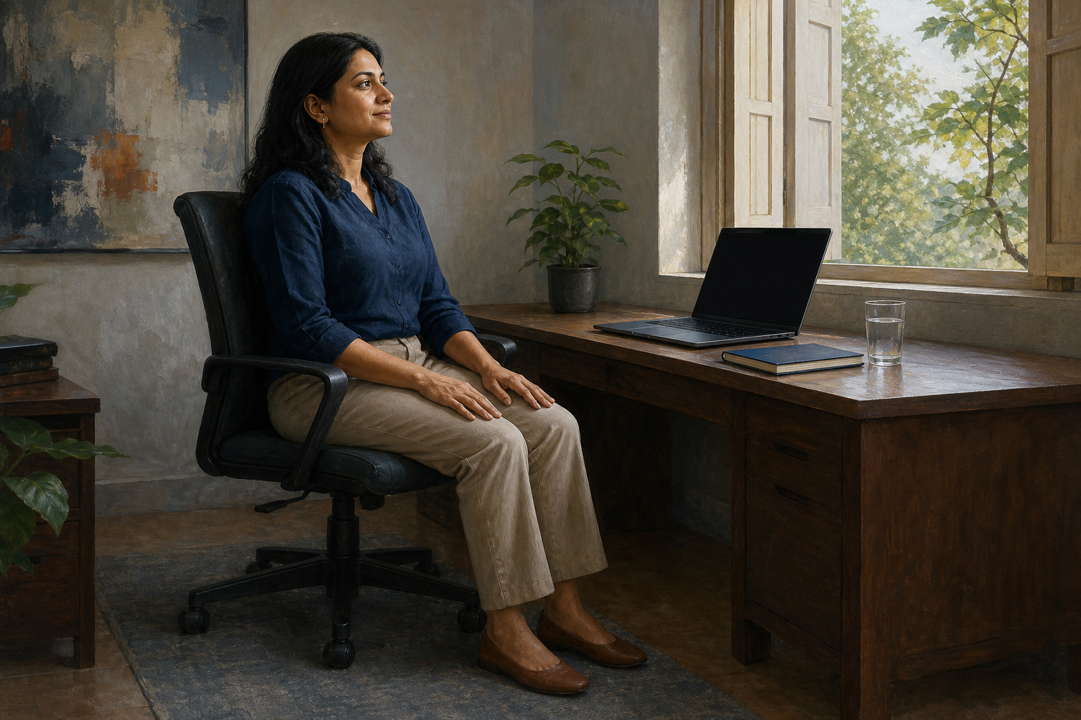 A seated professional rests both feet on the floor and looks toward an open window beside a desk with water and a closed laptop.