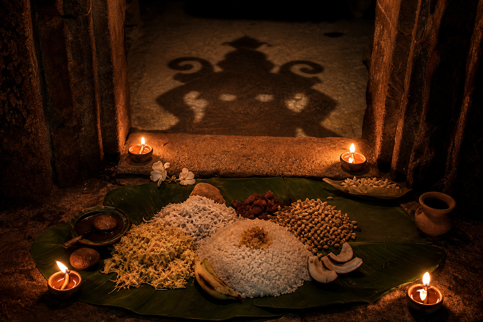 Rice, coconut and flowers rest on banana leaves beside clay lamps, with a large shadow falling across a shrine threshold.