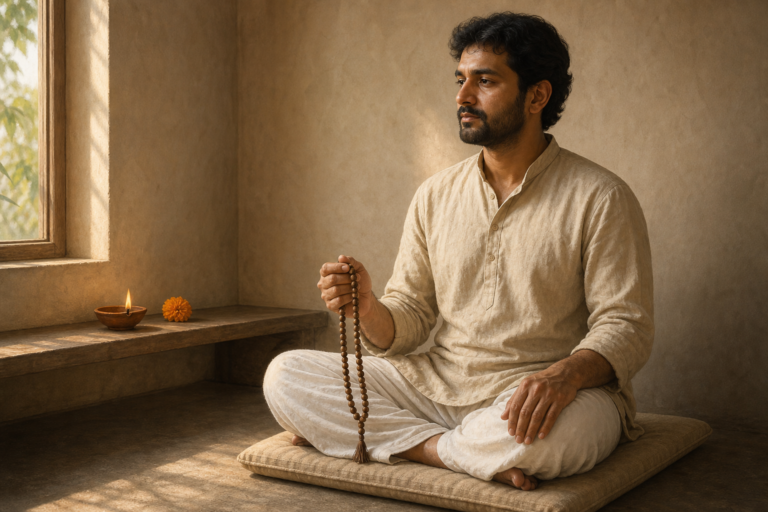 A South Asian adult sits on a cushion holding a wooden mala beside a small clay lamp and a single flower.