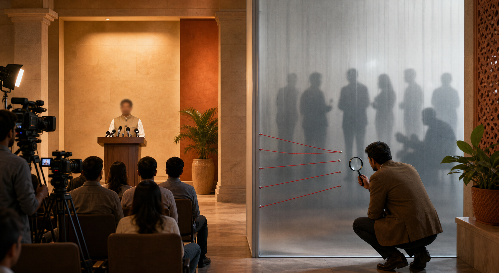 A photographed public lectern is separated by a translucent wall from uncertain silhouettes and disconnected red threads, illustrating the gap between an observable event and a hidden-campaign theory.
