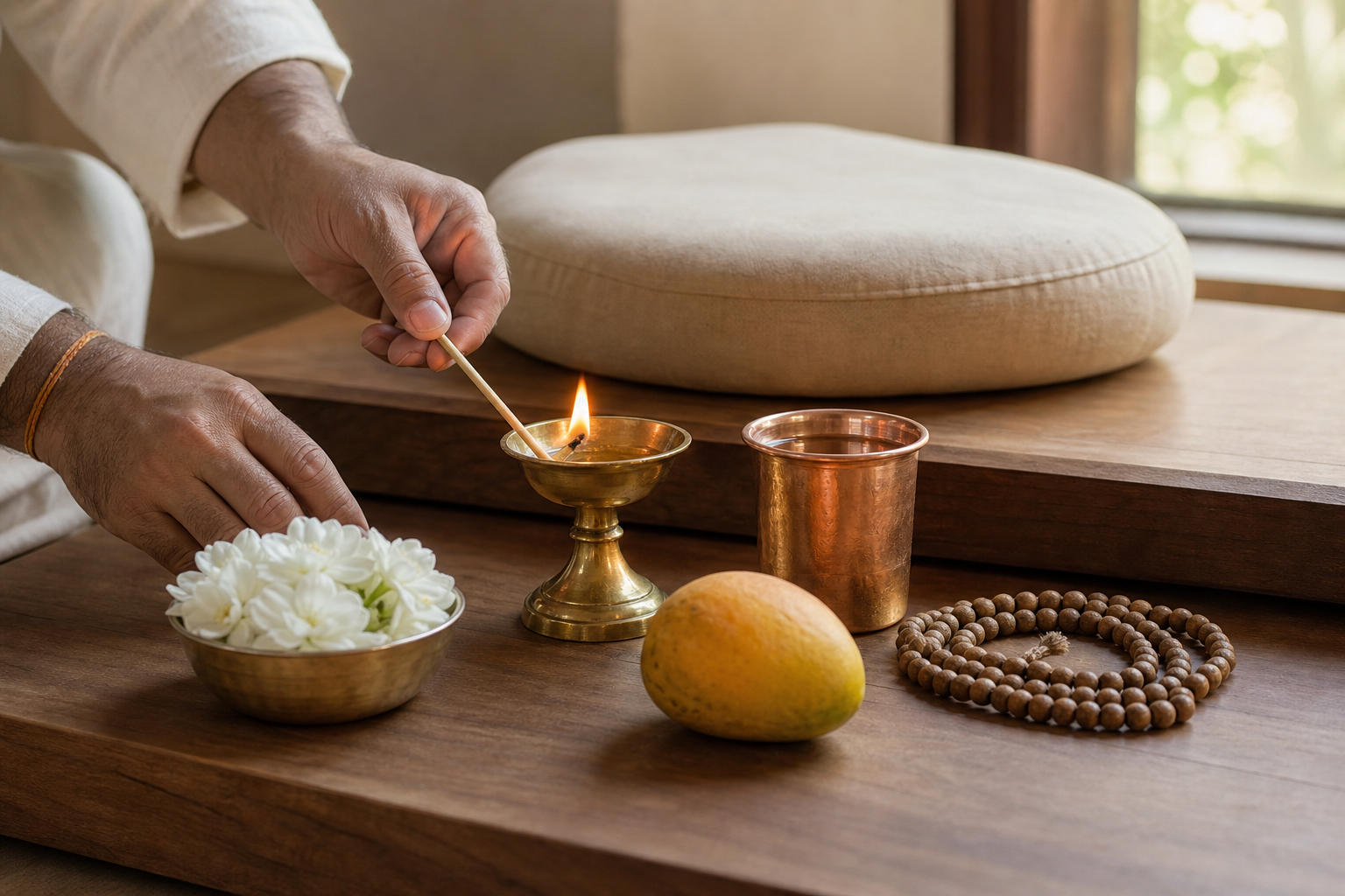Hands light a brass oil lamp beside flowers, fruit, water, prayer beads and a meditation cushion in a simple home prayer space.