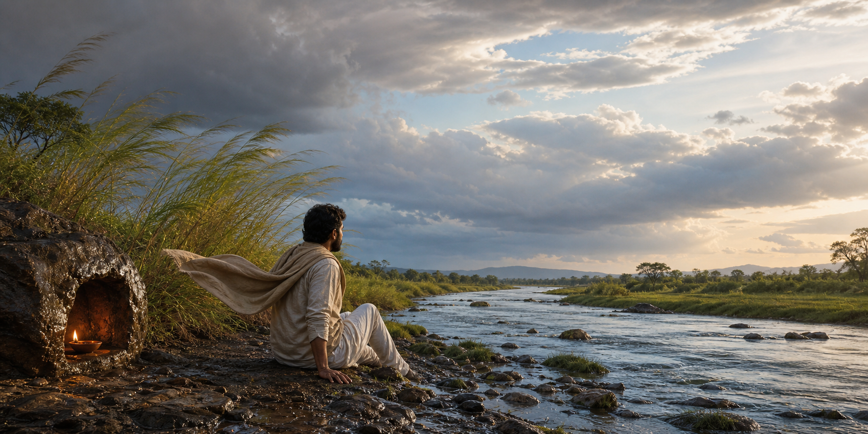 A person sits on an earthen riverbank near flowing water, a small sheltered clay lamp, windblown grasses, and an open sky.
