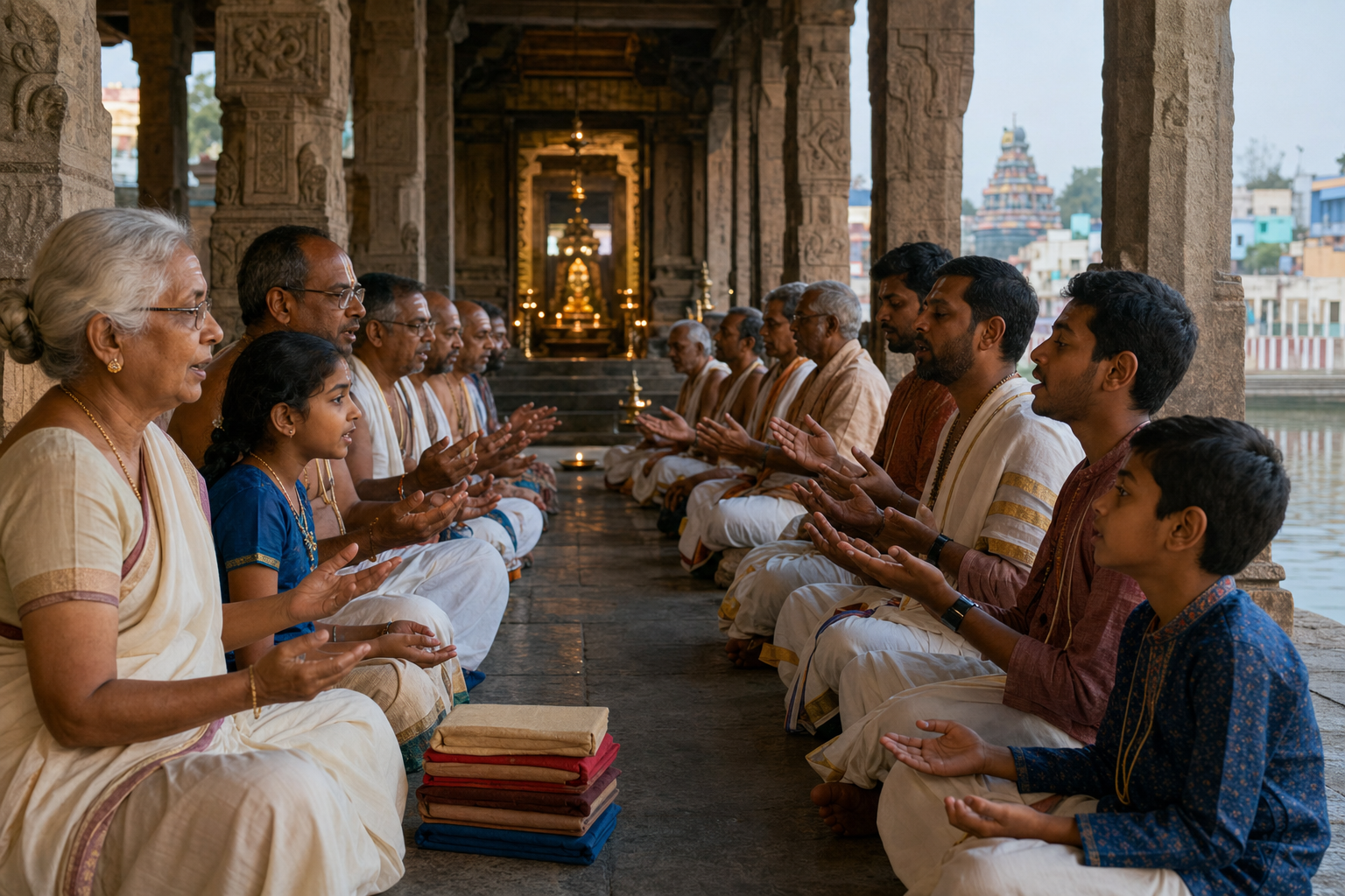 Devotees of different generations sit in facing rows and recite together inside a South Indian Vishnu temple hall at dawn.