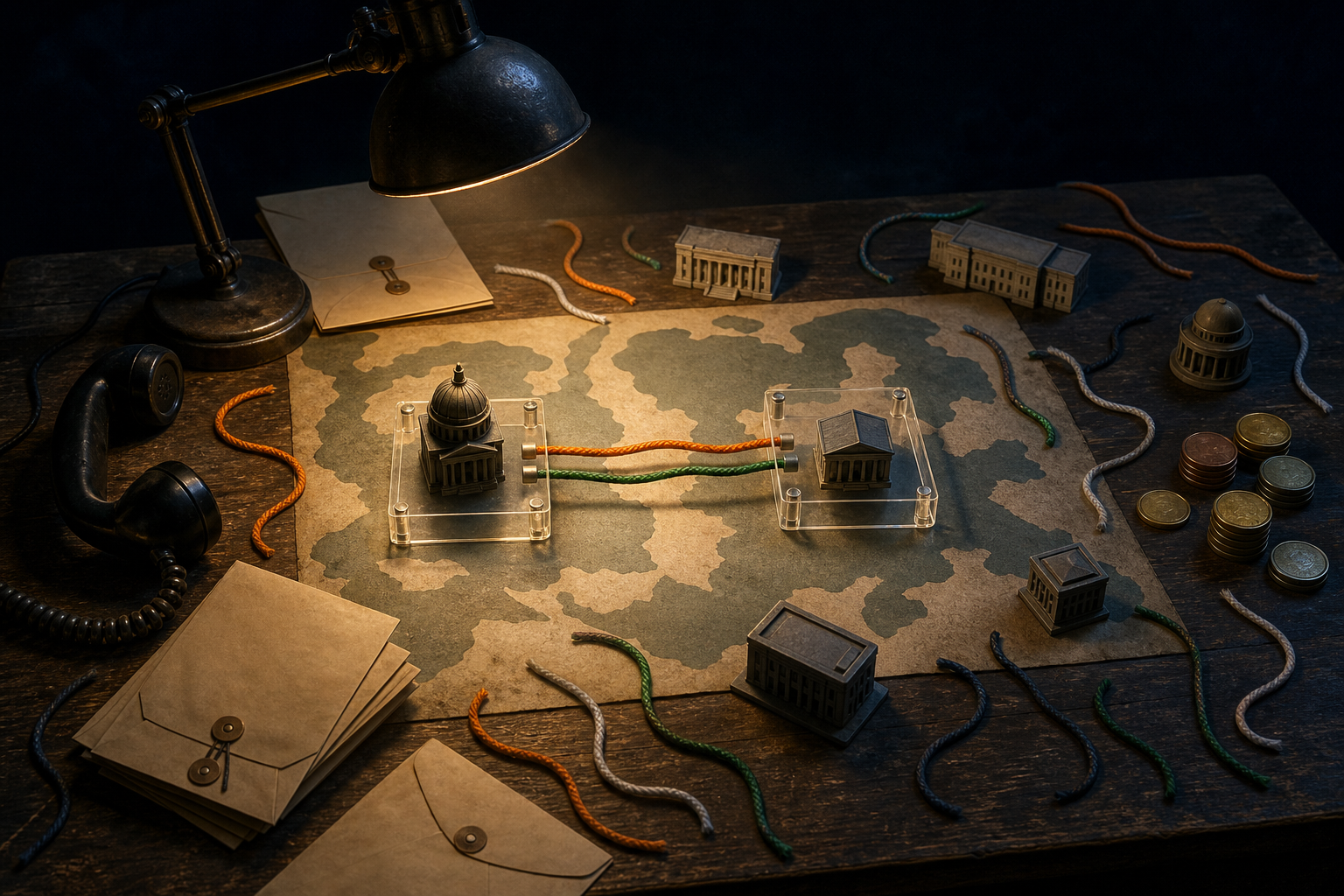 An investigator's table holds unlabeled evidence materials, abstract institutional models, and mostly disconnected cords under a focused desk lamp.