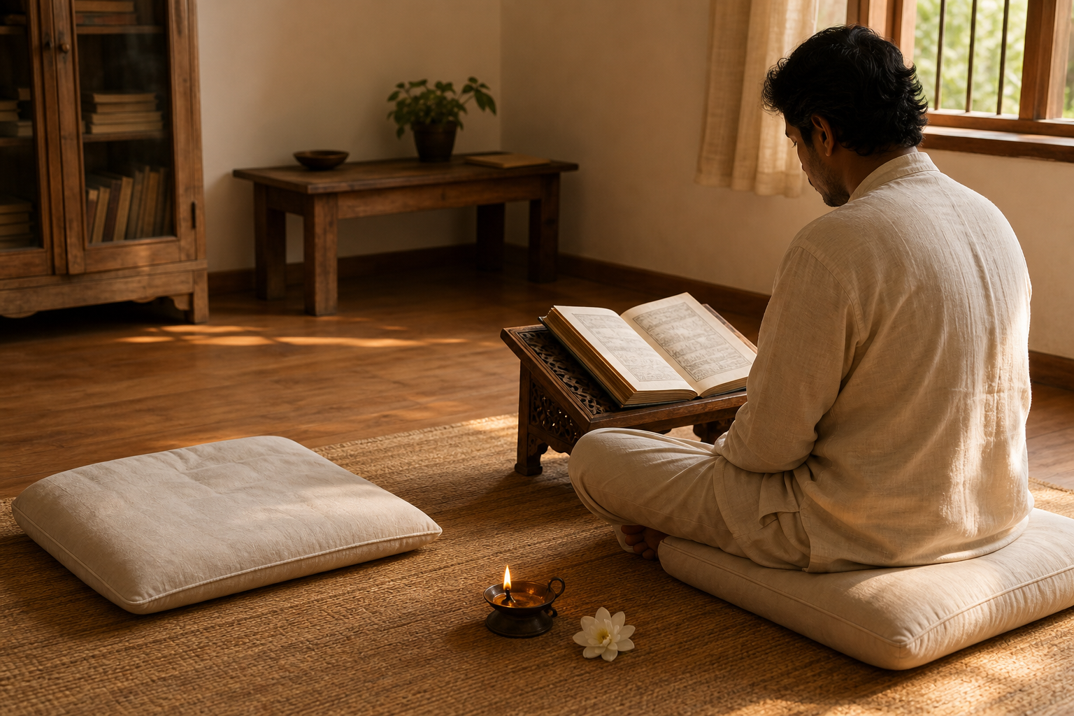 A solitary practitioner reads from a scripture on a wooden stand beside an oil lamp, a white flower and an empty cushion.