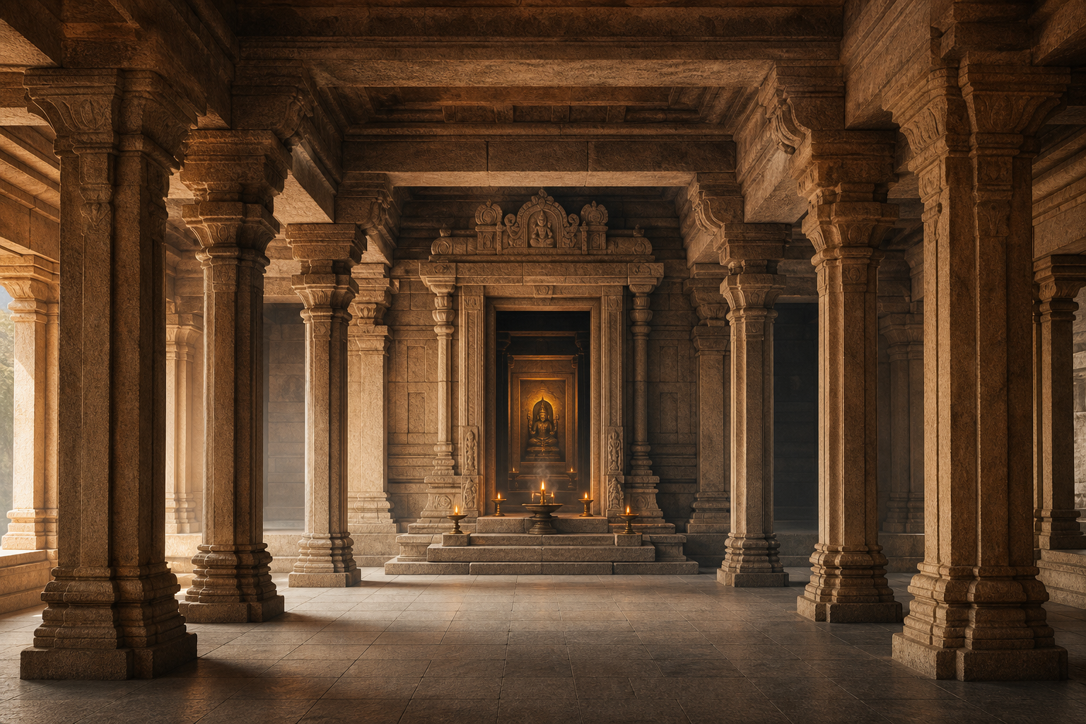 A symmetrical stone temple hall with aligned pillars leading toward a softly lit sacred image in the inner sanctum.
