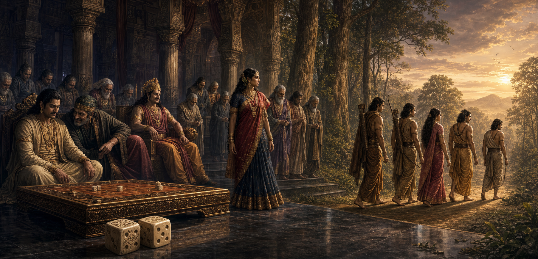 Dice lie in the foreground of a royal court as Yudhishthira, Draupadi, the Pandavas, Shakuni, Duryodhana, and silent elders occupy a scene that transitions into the family's journey through a forest.