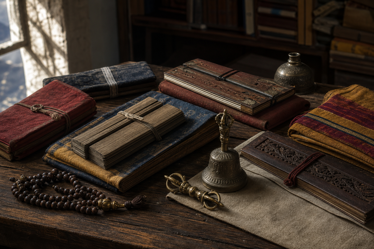 Different closed manuscript bundles, ritual implements, beads, and folded textiles rest together on a wooden study table.