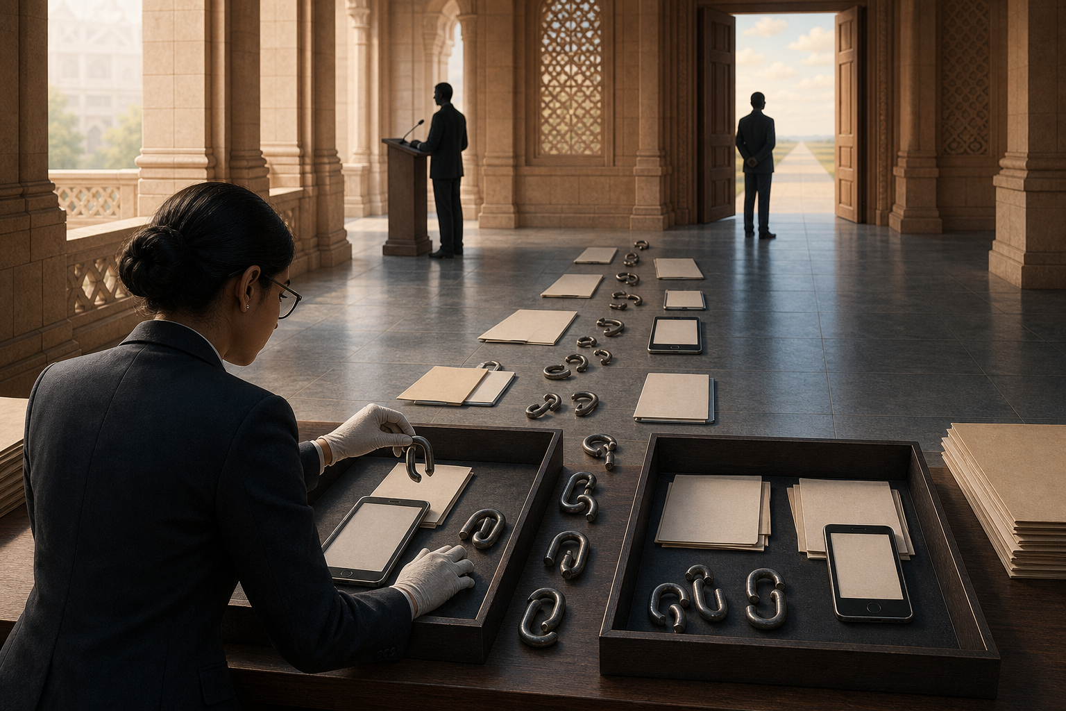 Two generic political silhouettes occupy different points in a formal corridor while a researcher separates a broken chain of evidence into two trays.