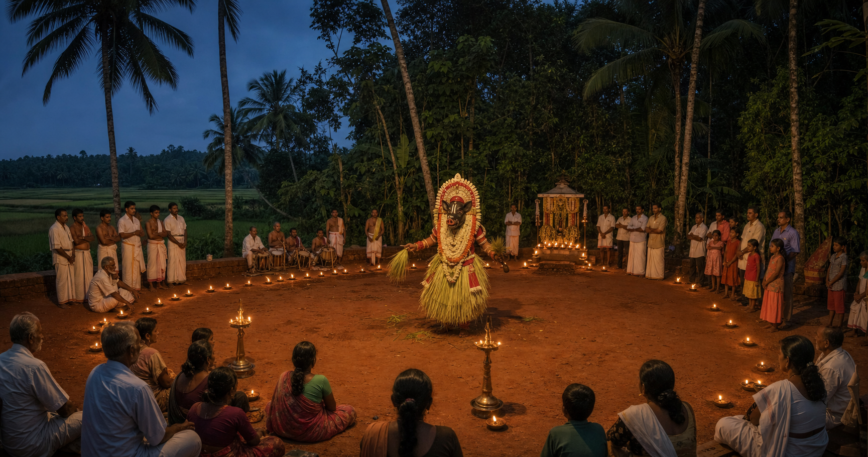 A Panjurli ritual performer stands in an oil-lamp-lit rural courtyard in Tulunadu, surrounded by community members, palms, laterite earth, and paddy fields at twilight.