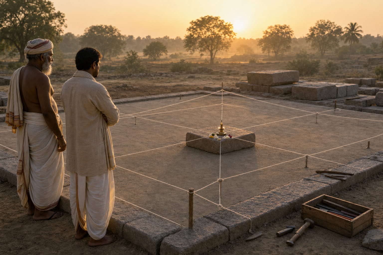 Two temple designers examine a cord-marked stone foundation centered on a small oil lamp at sunrise.