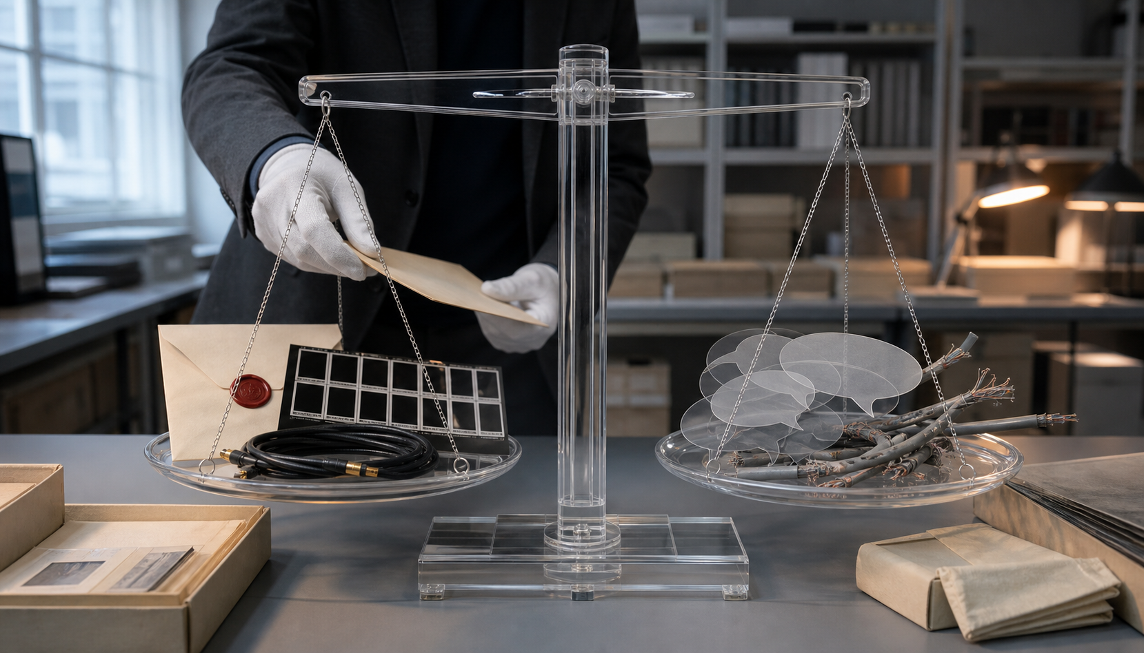 A gloved analyst compares intact evidence materials with anonymous fragments and severed cables on opposite sides of a transparent balance frame.