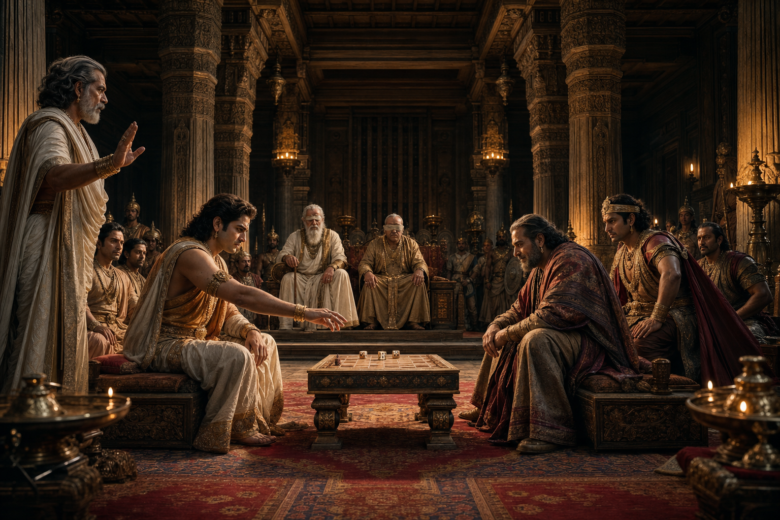 Yudhishthira pauses over a dice board opposite Shakuni while Duryodhana watches and Vidura raises a warning hand before the assembled royal court.