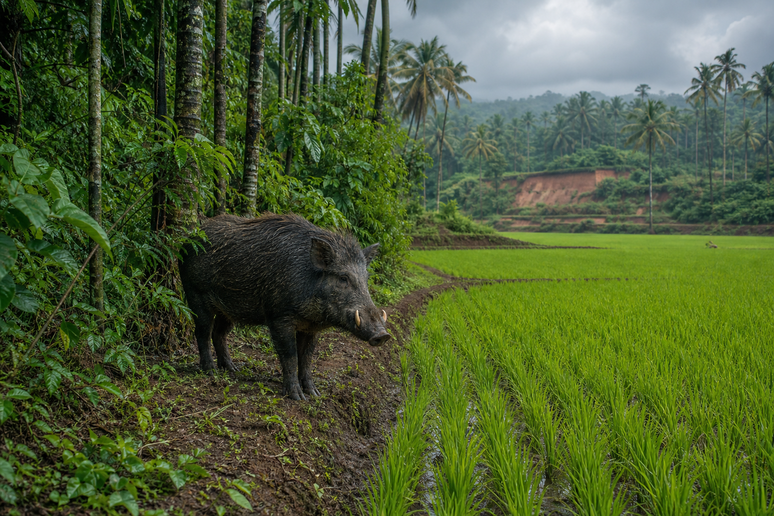 An adult male wild boar stands where a green paddy field meets dense forest vegetation in the rain-washed landscape of Tulunadu.