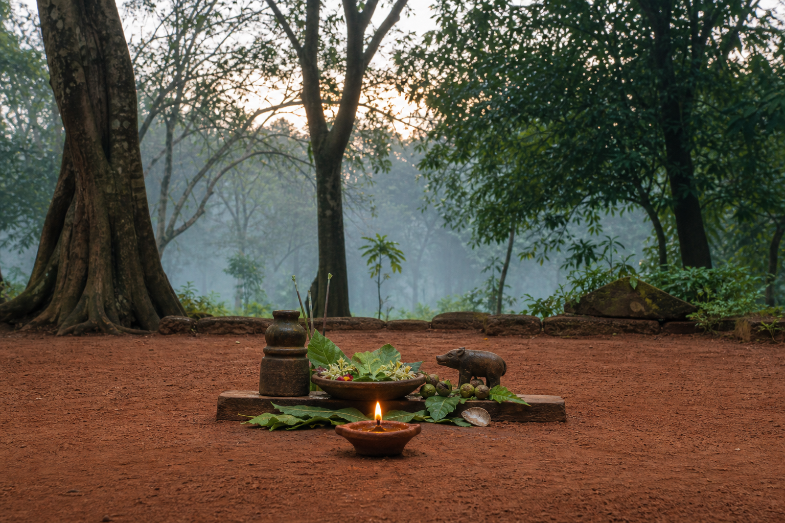 A lit oil lamp, plant offerings, and a modest boar-form ritual motif rest in a quiet shrine precinct surrounded by a sacred grove.