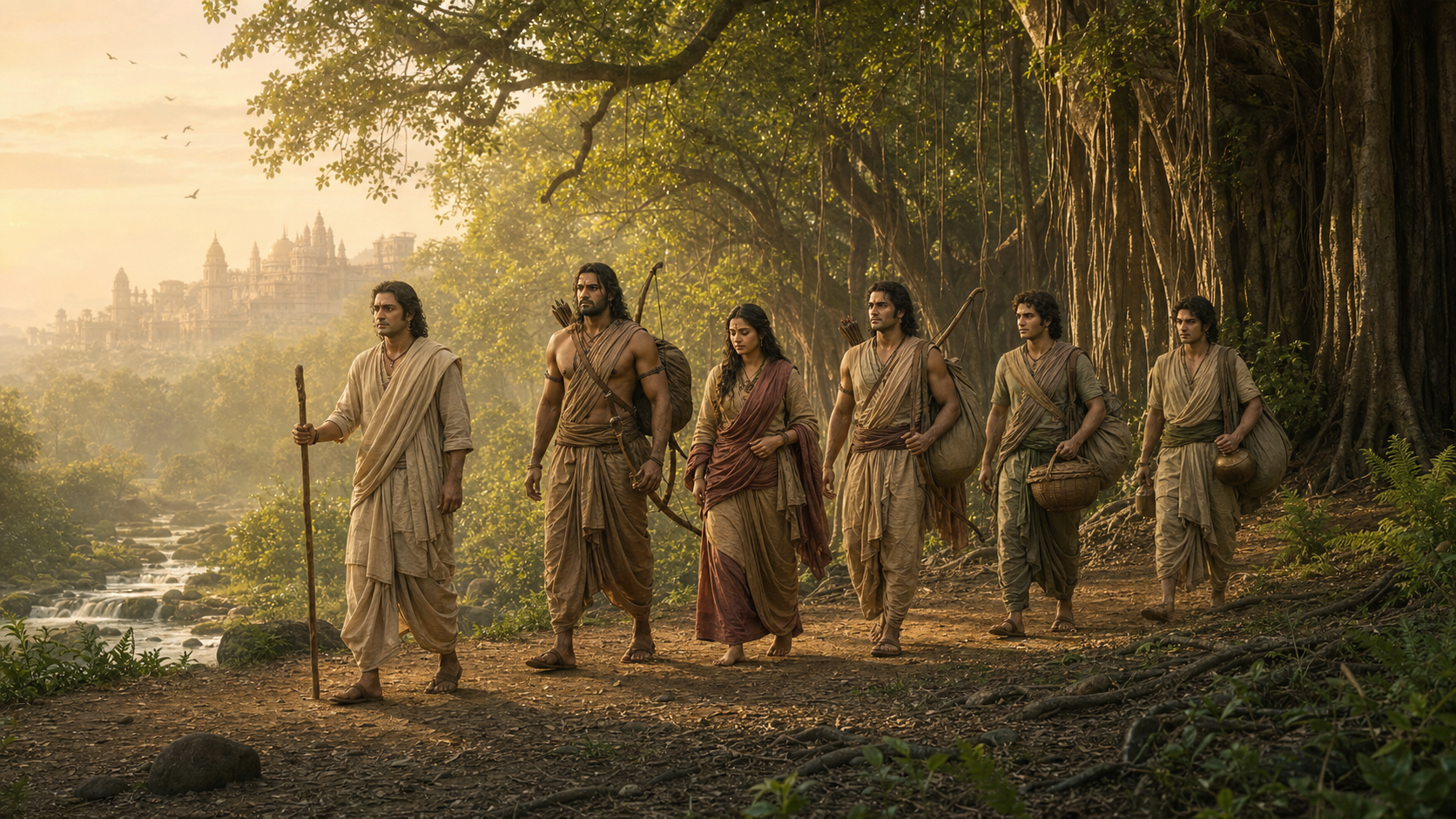The five Pandava brothers and Draupadi walk along a forest path in simple clothing, carrying bows, staffs, and travel bundles as distant palace towers fade behind them.