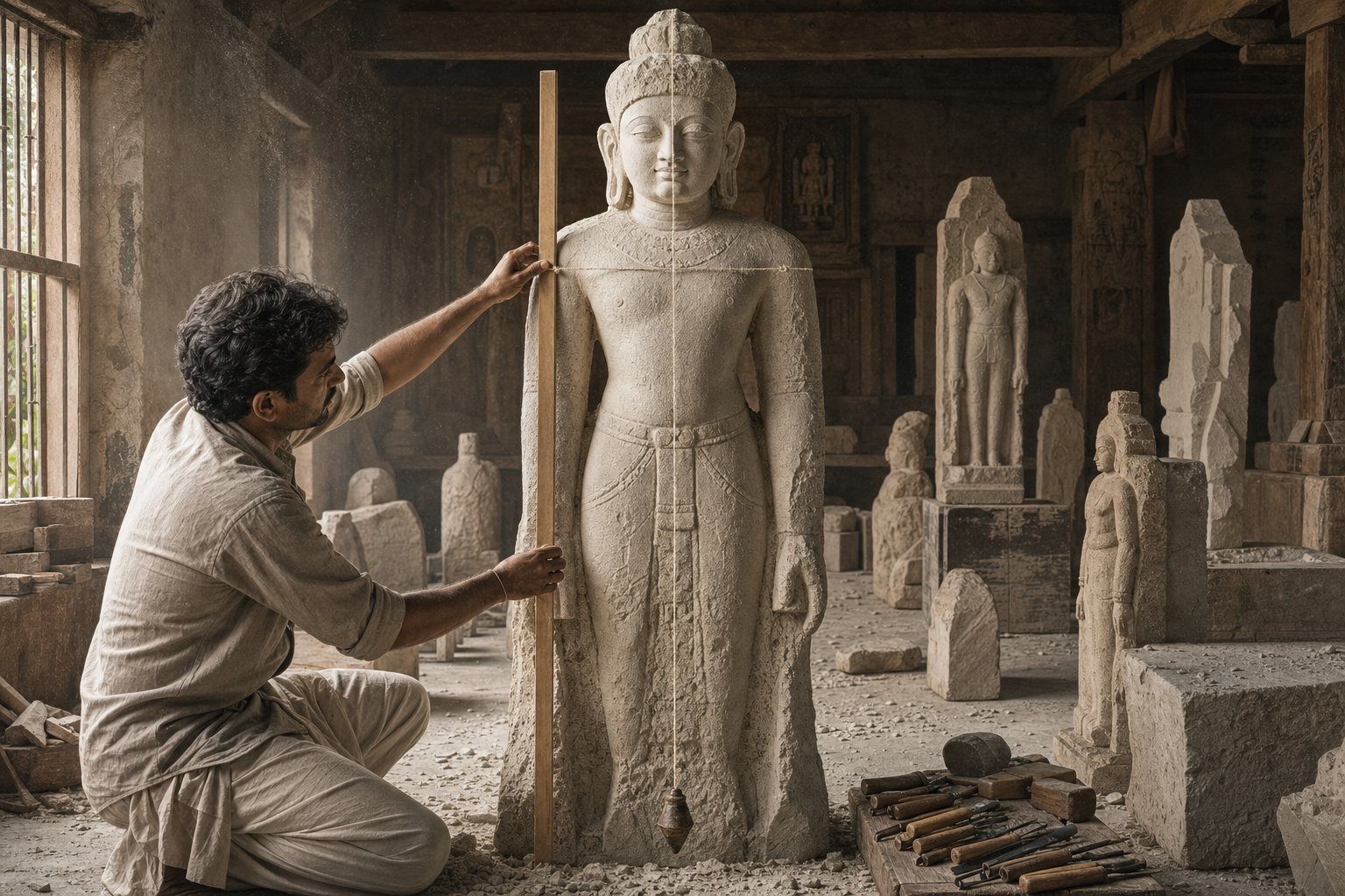 A stone artisan uses a wooden rod and cotton cord to check the proportions of an unfinished sacred figure.
