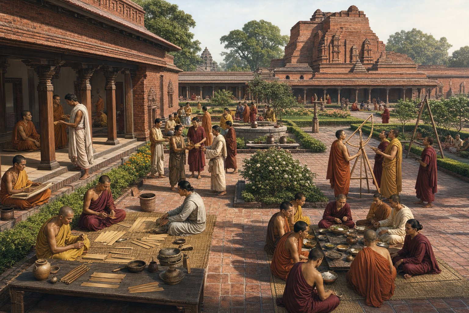 Scholars live, study, debate, and share daily tasks across the red-brick courtyards and residences of an ancient Nalanda-inspired university.