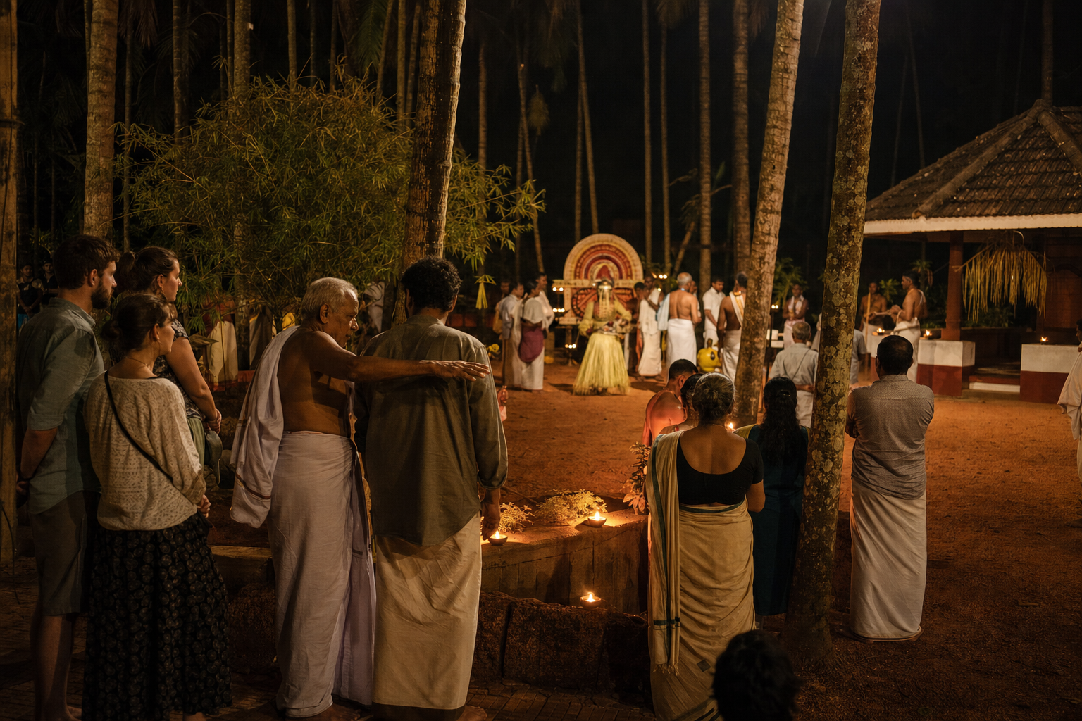 Local families, elders, and visitors observe ceremonial activity from the edge of an oil-lit village ritual courtyard in Tulunadu.