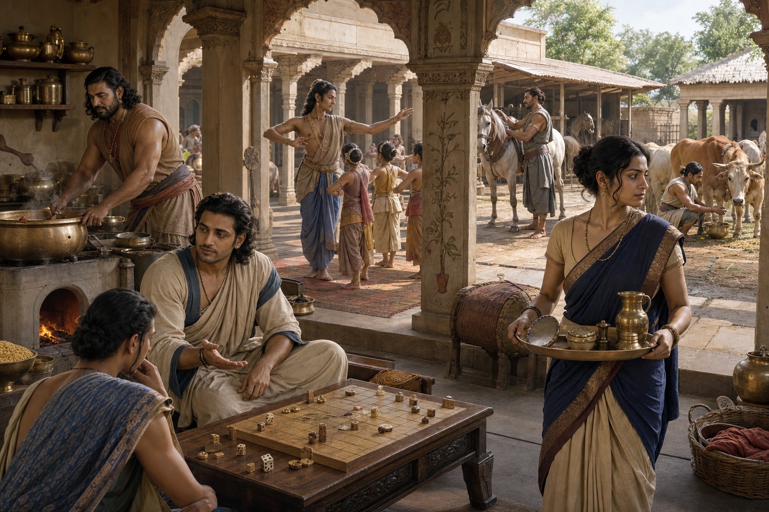The Pandavas and Draupadi perform different palace duties in disguise, including court advising, cooking, dance instruction, horse care, cattle care, and attendant service.