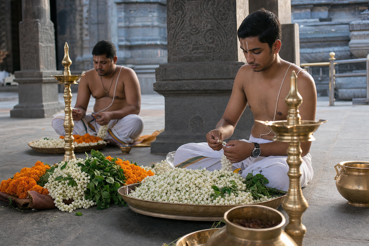 Flower garlands, brass lamps and ritual vessels are arranged in a stone temple courtyard before an observance.