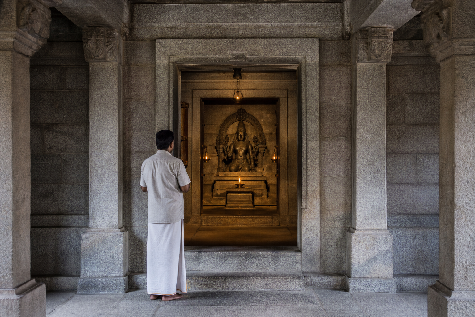A devotee views a stone sacred image framed by the pedestal, doorway, and lamplit temple sanctum.