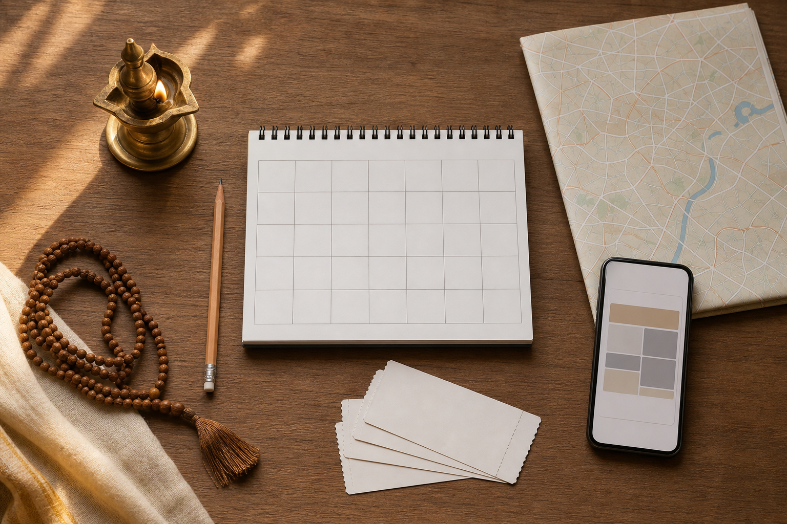 A blank calendar, map, phone, prayer beads and brass lamp are arranged on a table for pilgrimage planning.