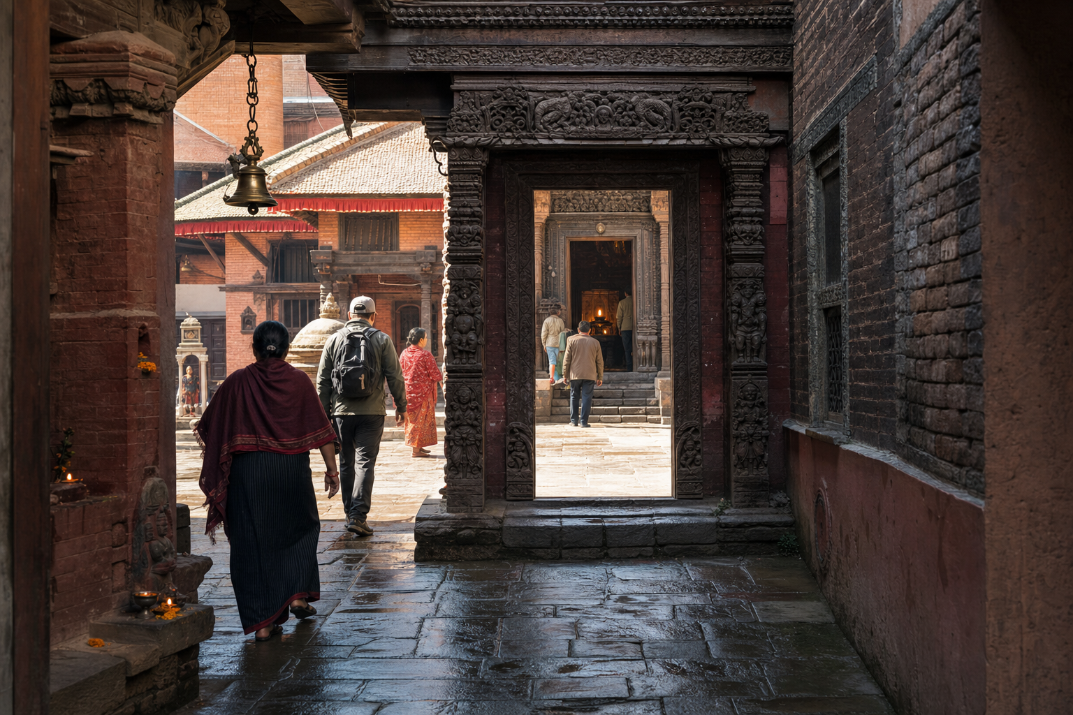 A brick lane leads through a carved wooden gateway, a communal courtyard, and a shadowed inner shrine lit by an oil lamp.