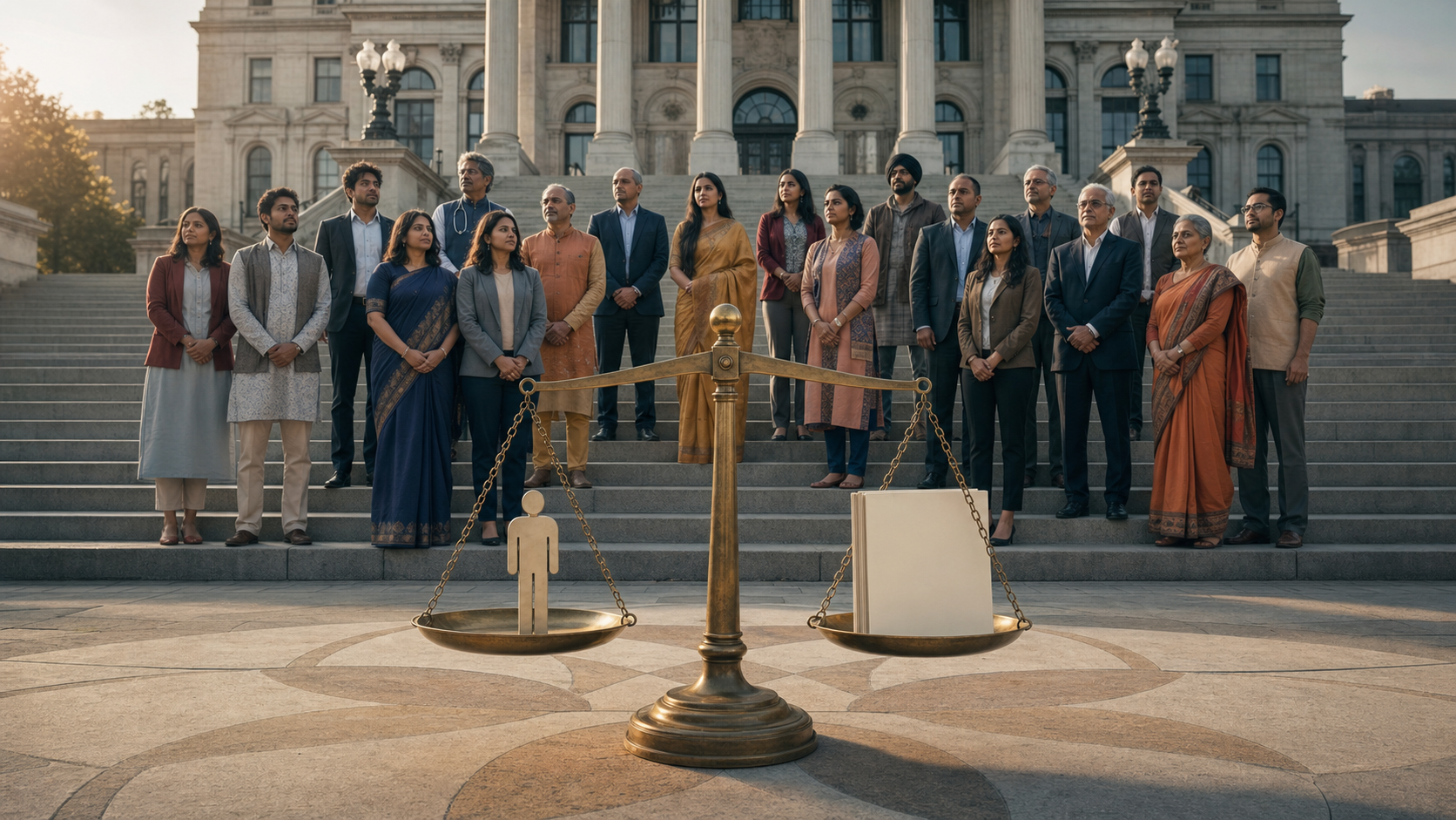 A diverse group of Hindu New Yorkers stands outside a state-government building beside a balanced scale and a blank legal document.