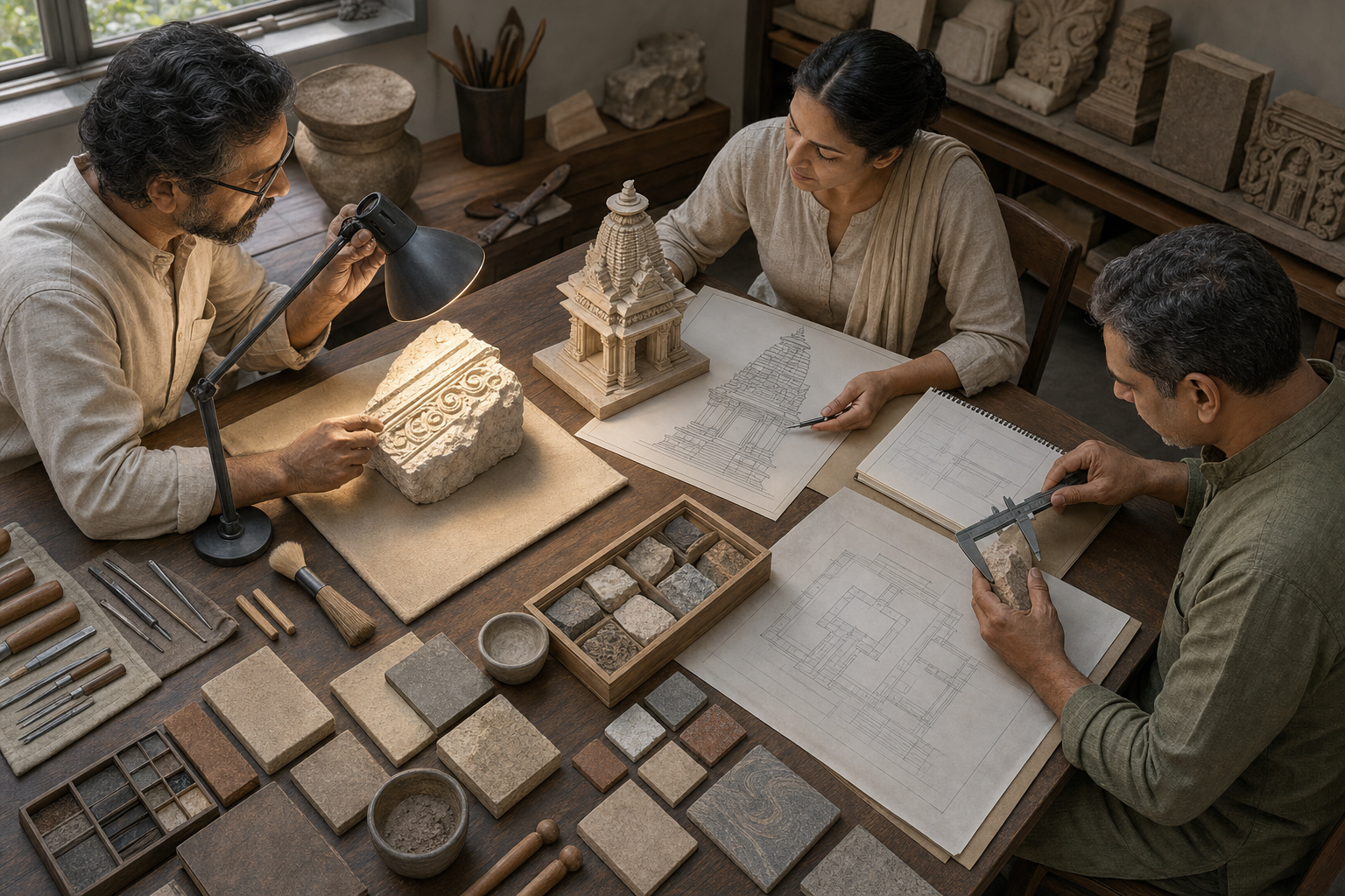 A sculptor, architect, and conservator review a carved stone fragment, shrine model, tools, samples, and unlabeled drawings.