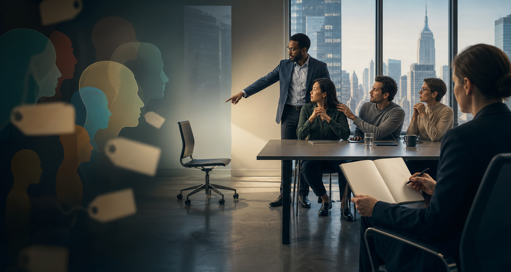 An investigator observes a separated workplace chair while blurred profile shapes represent unverified identity assumptions in the background.