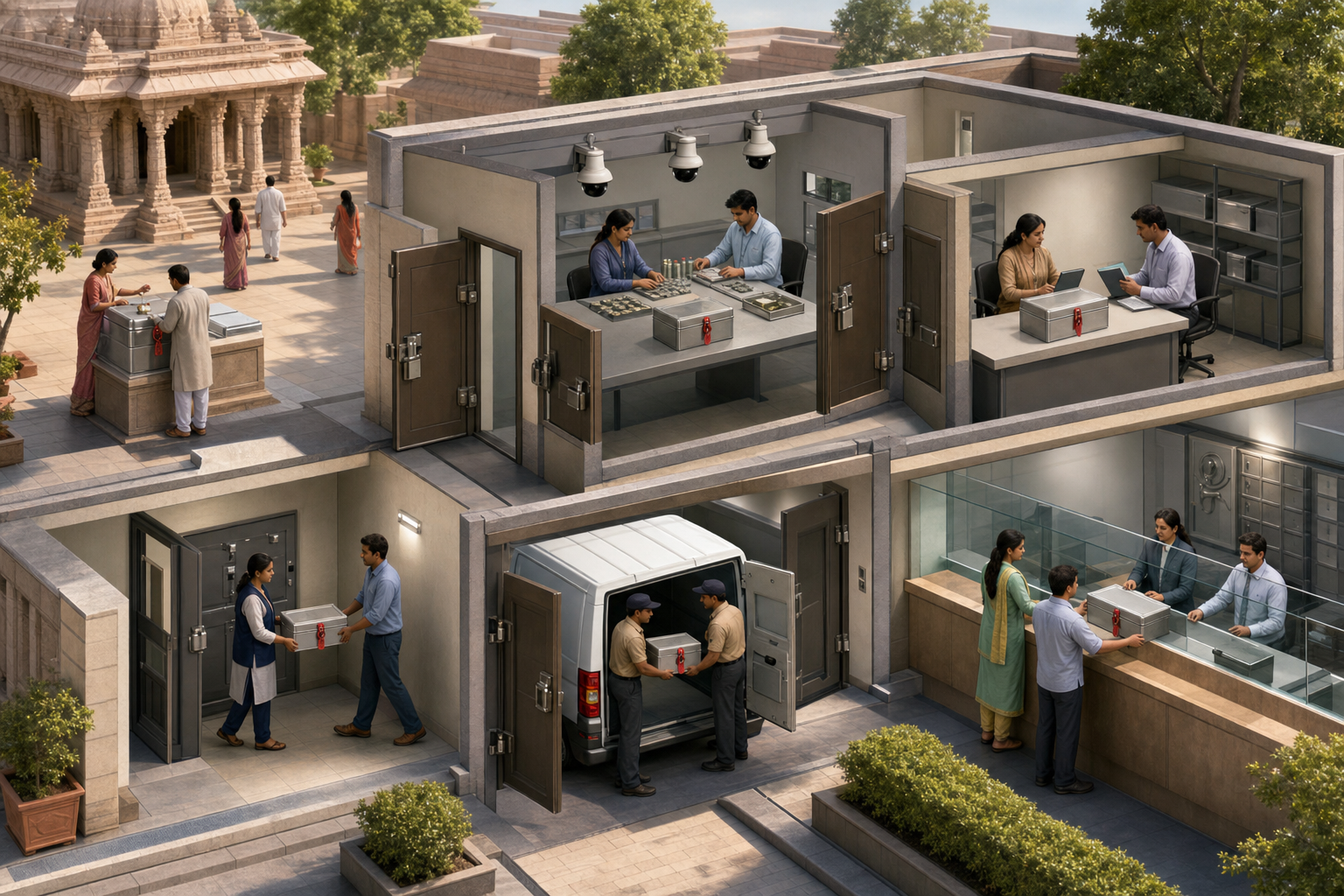 A cutaway view shows paired staff moving temple offerings through secure collection, counting, verification, transport, and deposit stages.