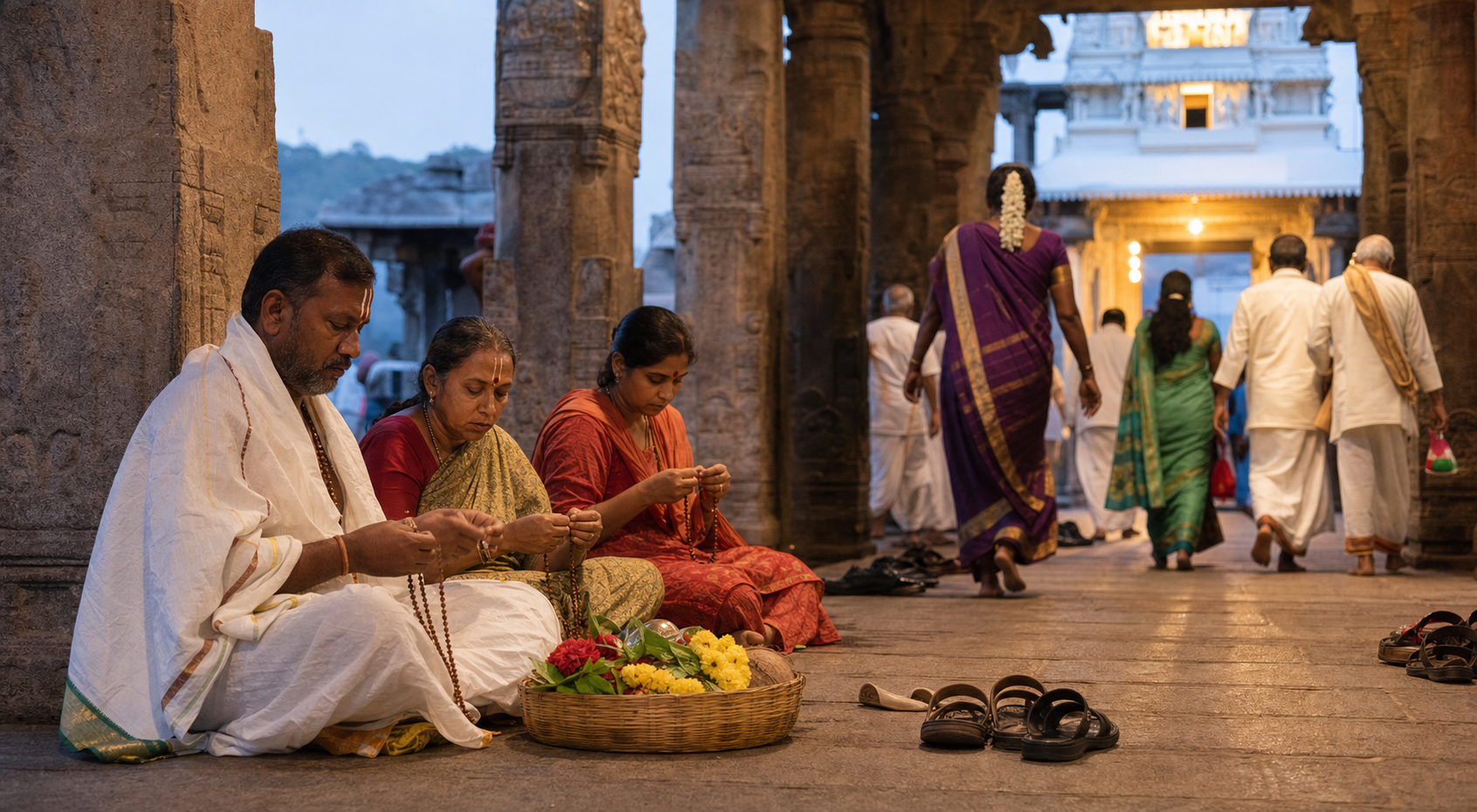 Pilgrims with prayer beads and a flower offering move quietly through a stone colonnade toward a temple entrance.