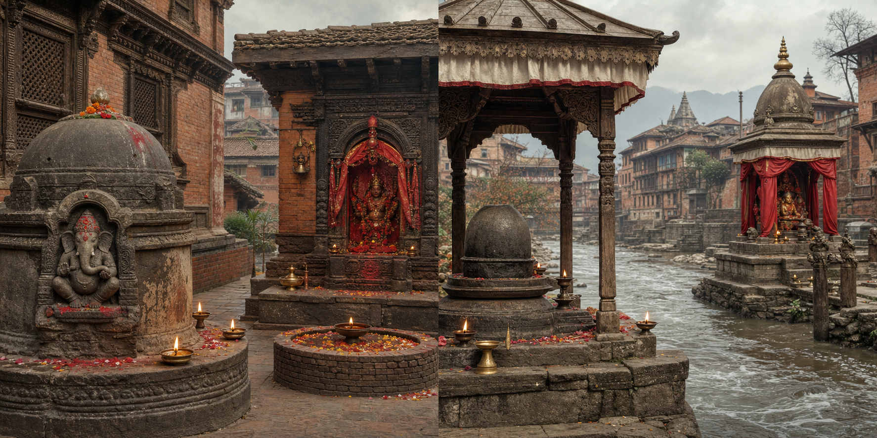 Two paired sacred settings show an elephant-headed stone shrine beside a Mother-goddess sanctuary and a riverside Shaiva pavilion balanced by an enclosed goddess sanctum.