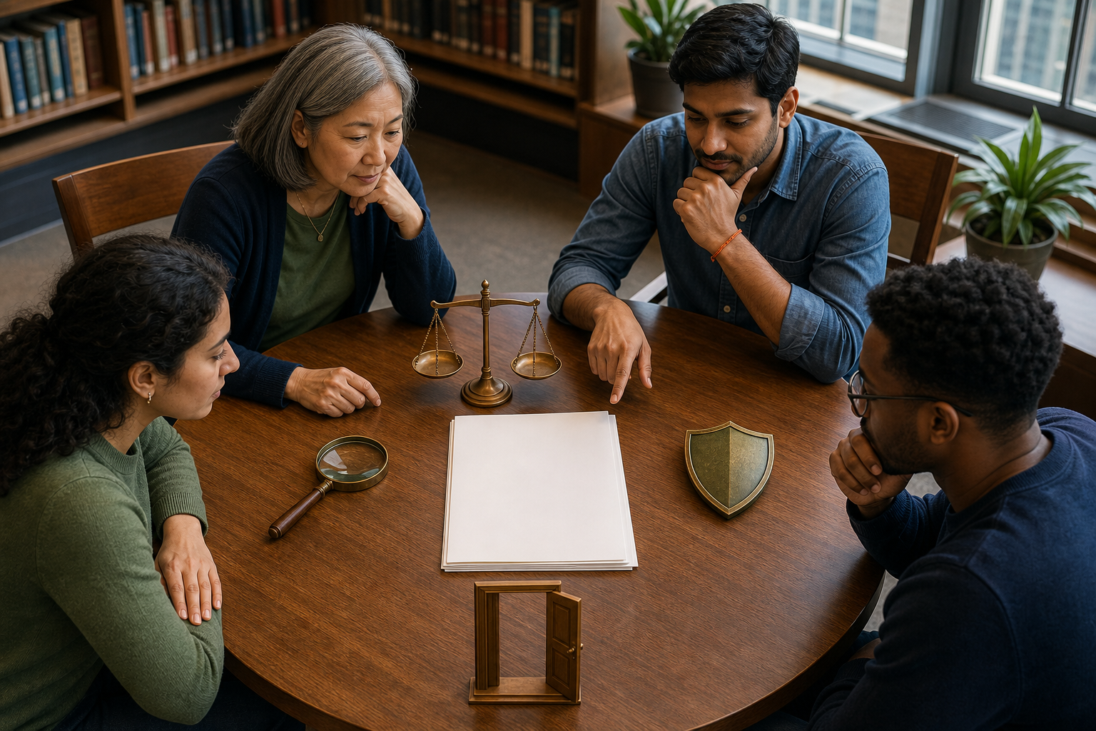 Four people review a blank legislative packet beside a magnifying glass, balanced scale, shield, and open doorway in a law library.