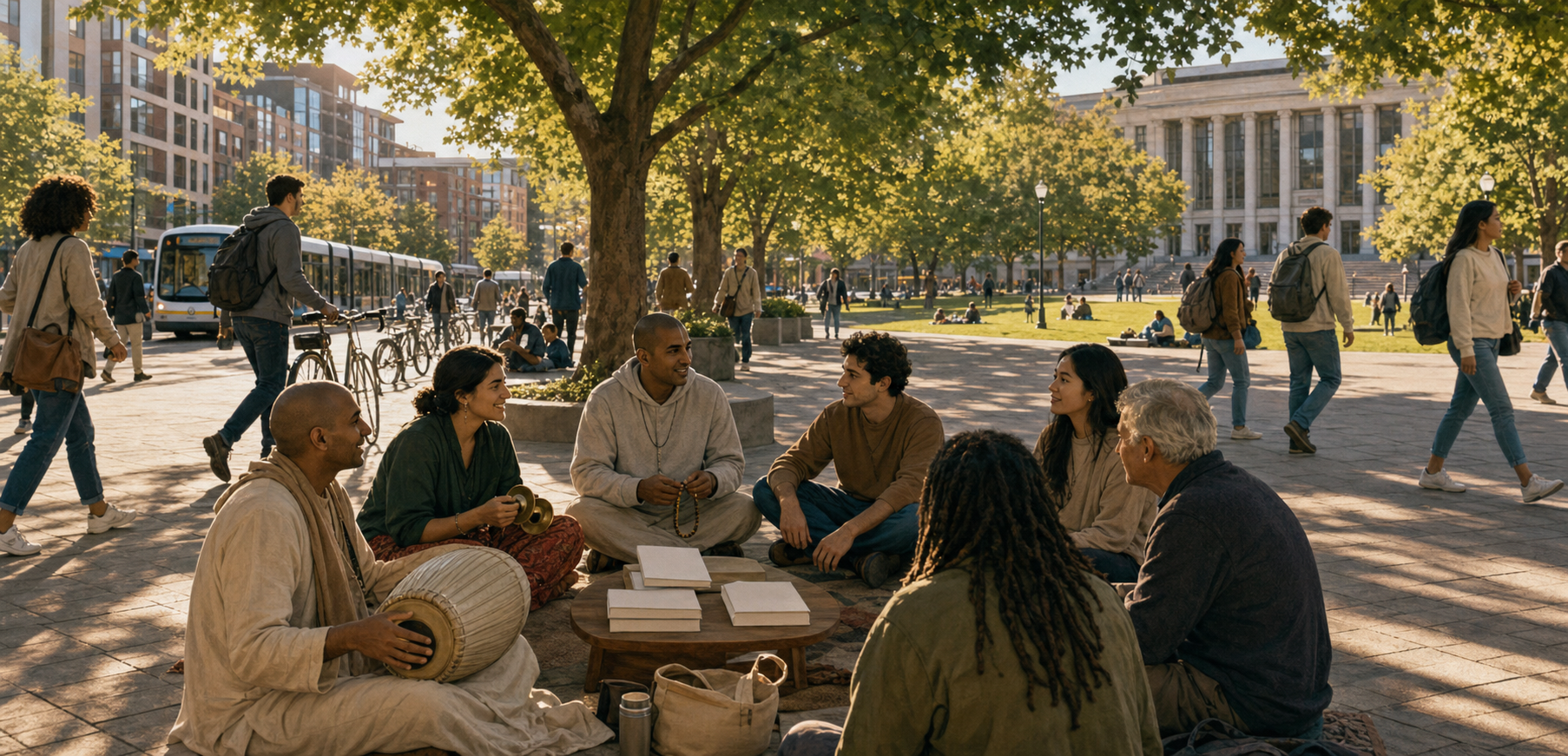 Devotees and visitors gather with musical instruments and books between an urban plaza and a university campus.