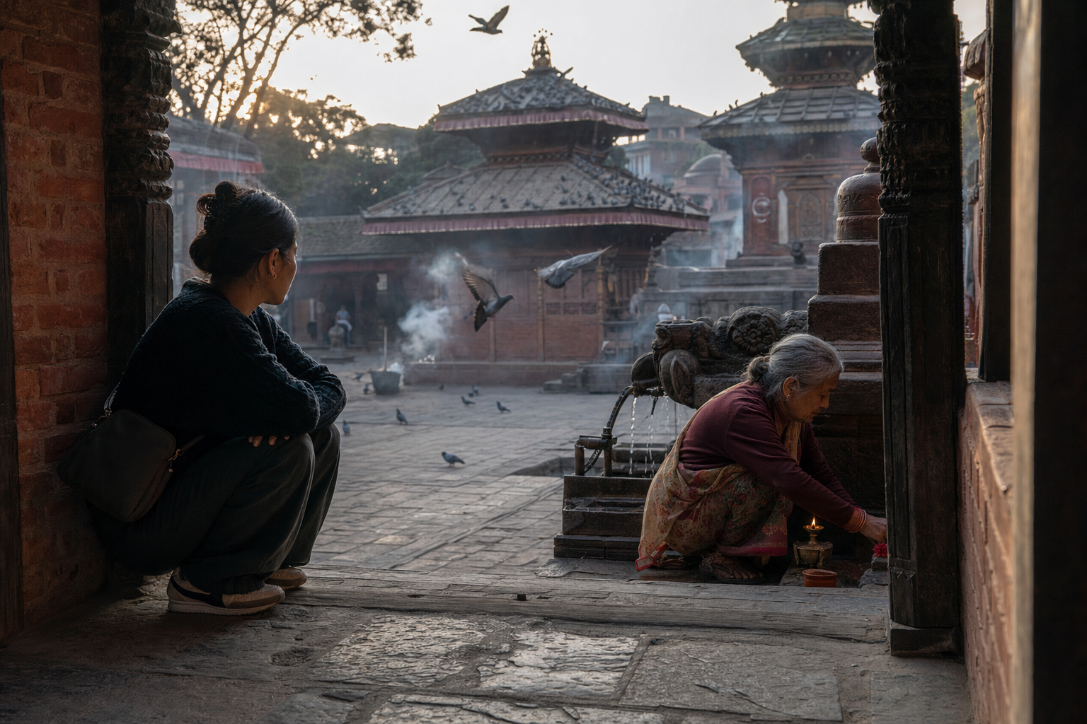 A visitor pauses quietly in a stone courtyard while a worshipper places a flower beside a lamp near a small tiered temple.